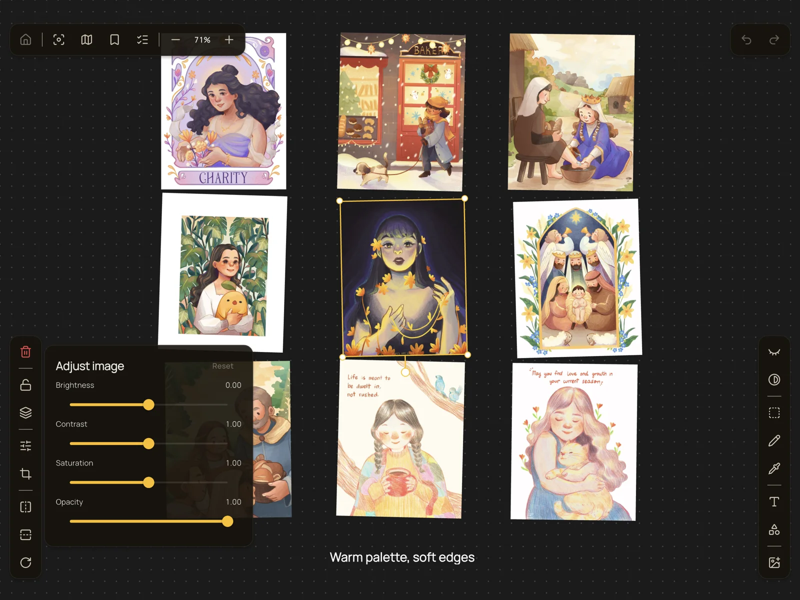 A Proref board on iPad holding a collage of illustrations, with one selected and its adjustment sliders open