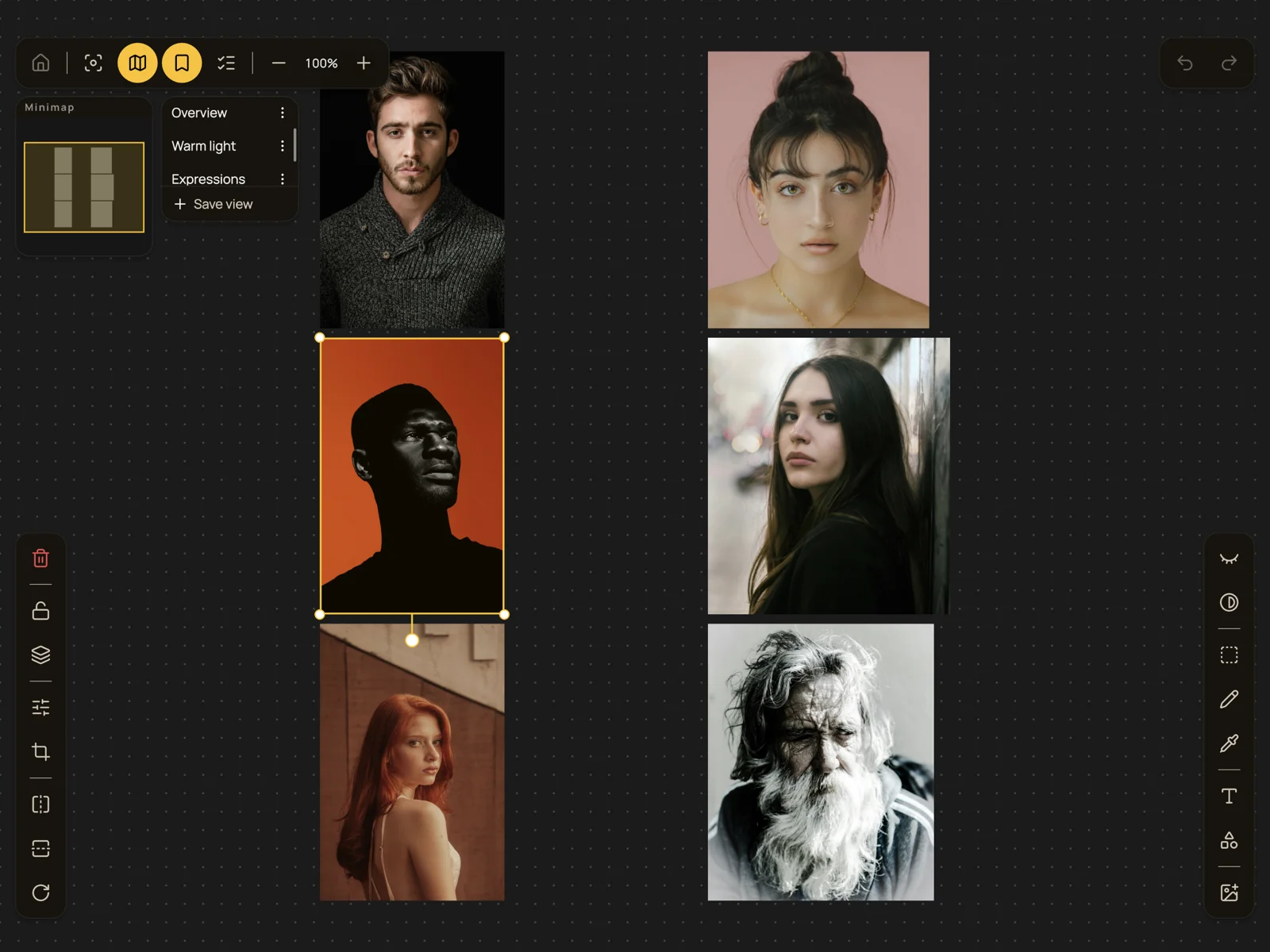 A Proref board of portrait references on iPad, with the minimap and saved-views windows open