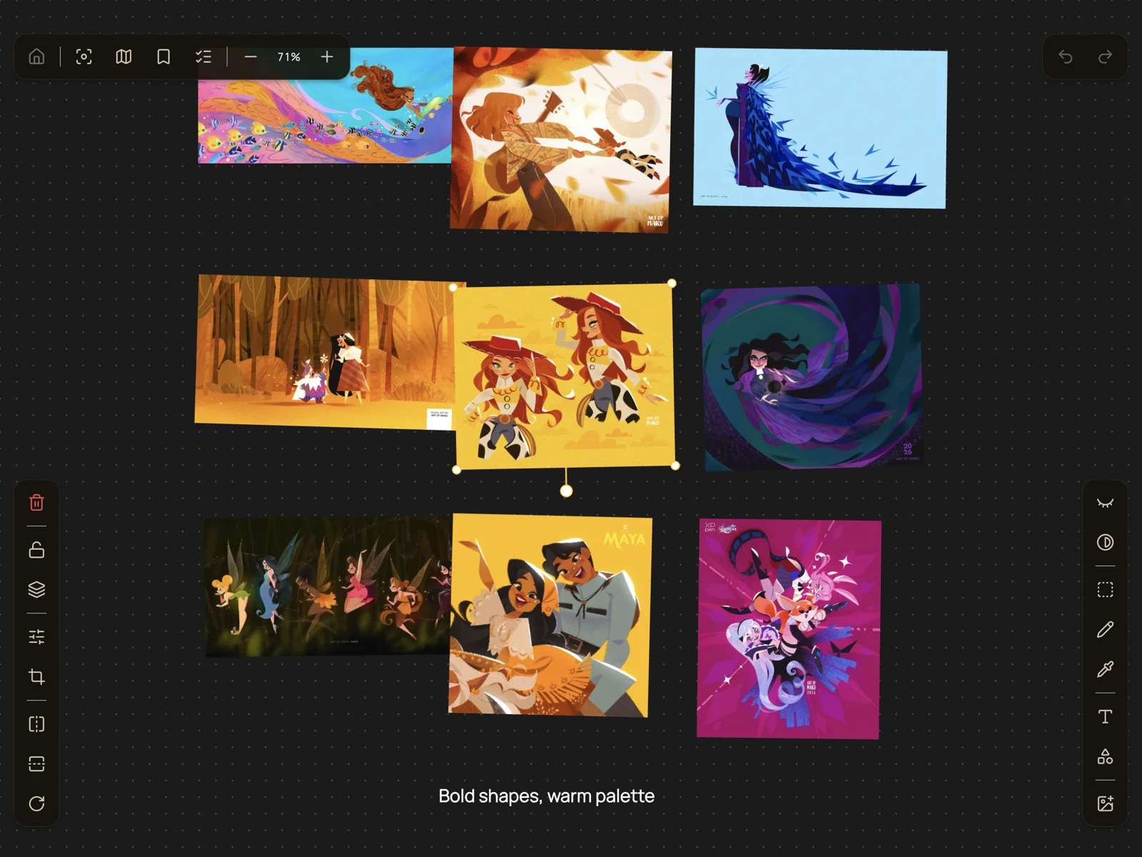 A Proref reference board on iPad: a collage of illustrations by Maku with one selected, showing the transform panel