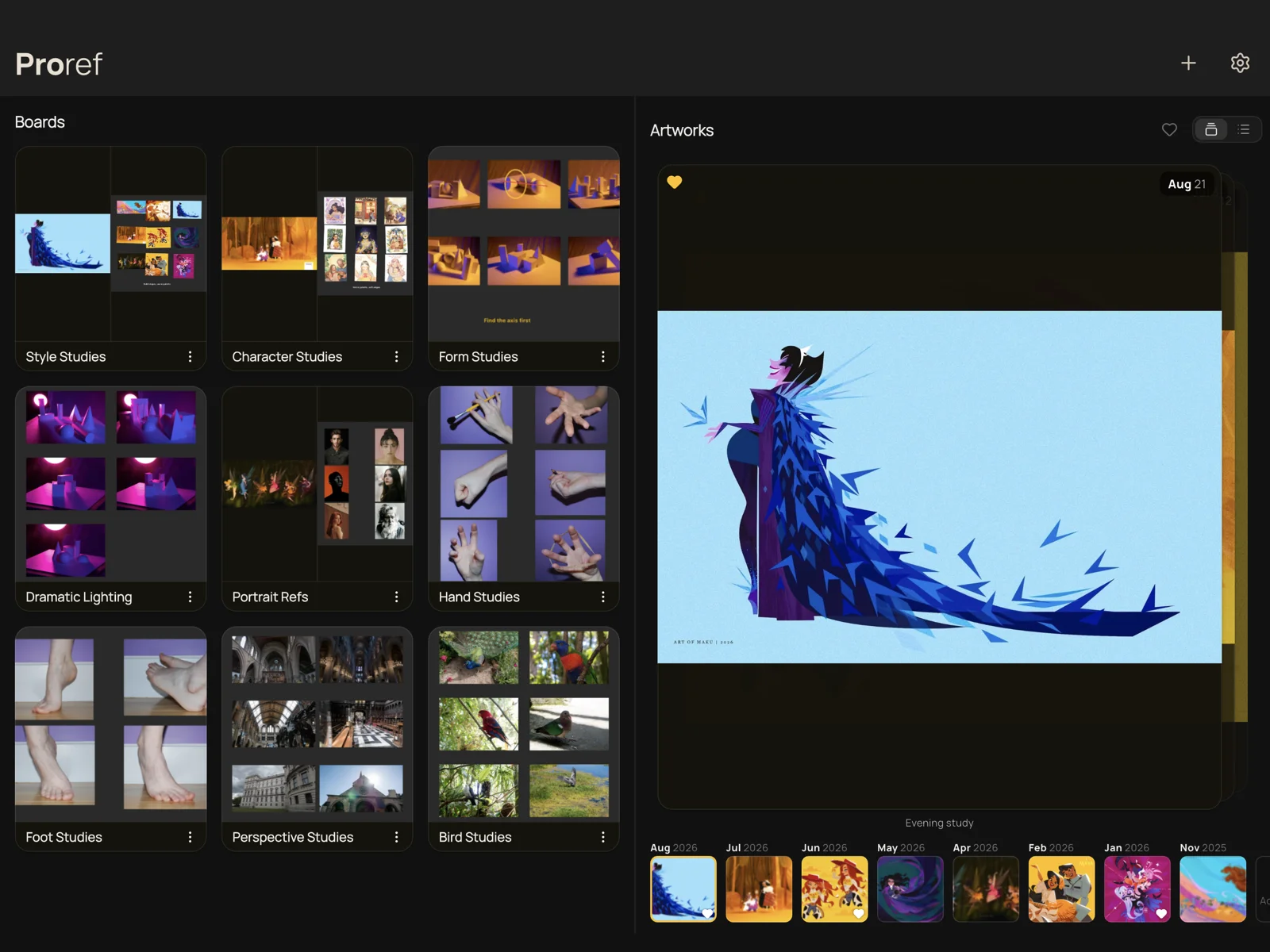 The Proref home screen showing finished artworks on a timeline alongside the board grid