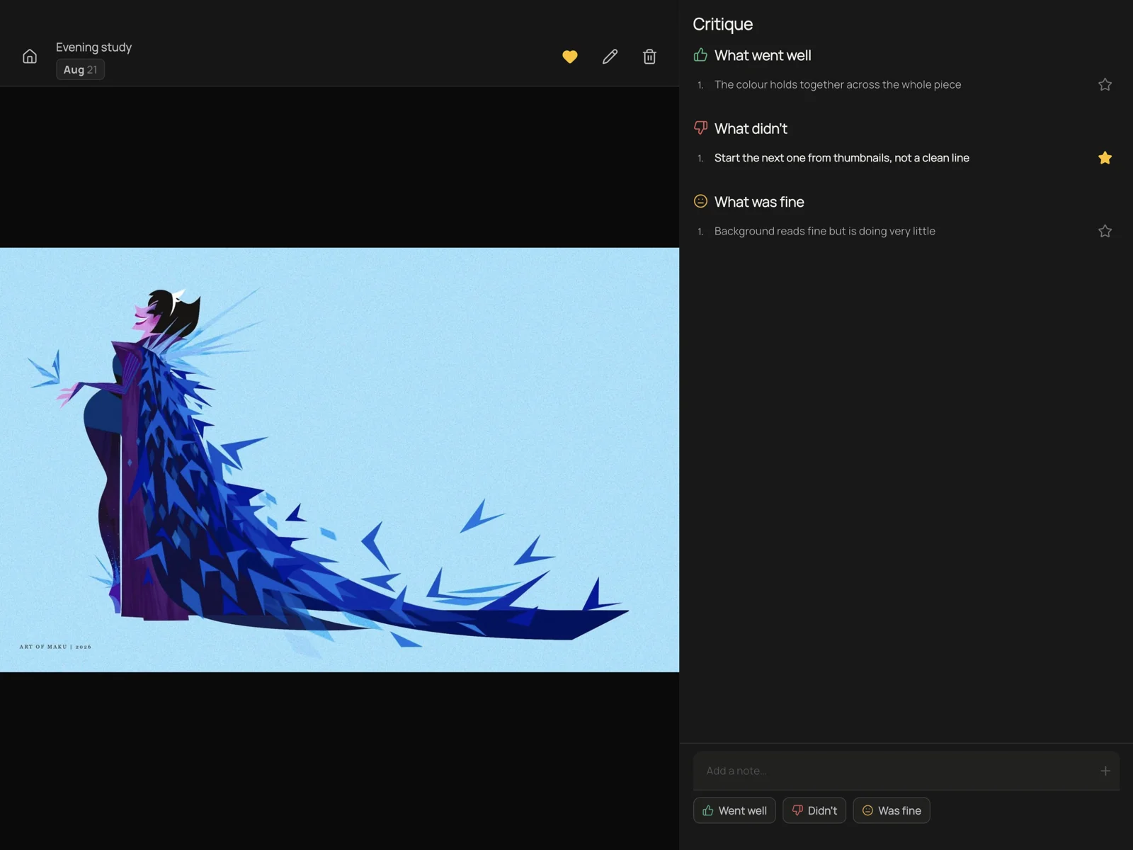 A finished piece open full screen in Proref, with its critique notes listed beside it